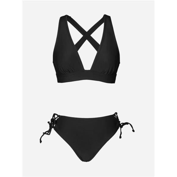 Women Bikini Black Two Piece Swimsuit V Neck Triangle Top Wide‎ Strap Cross Back - Picture 5 of 6